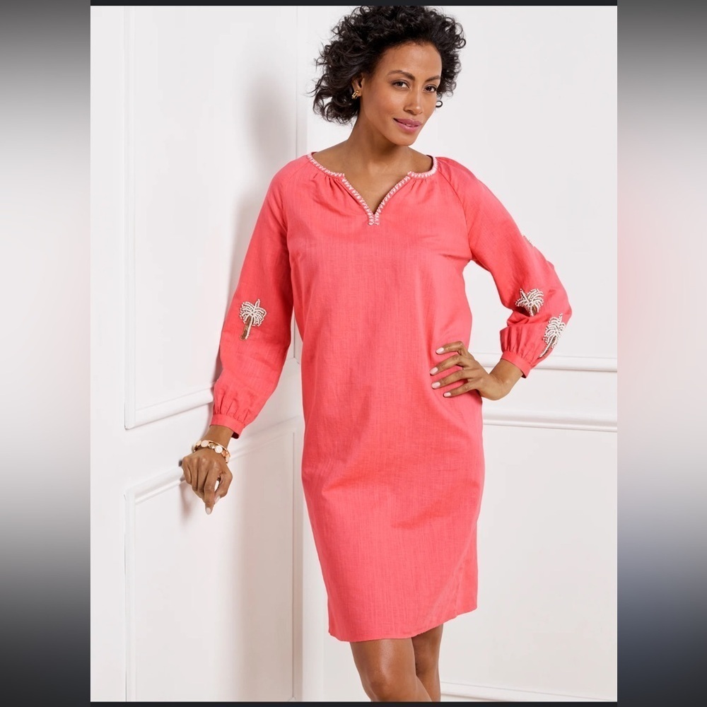 Talbots linen/cotton shift dress either beaded palm trees MP - Picture 1 of 7